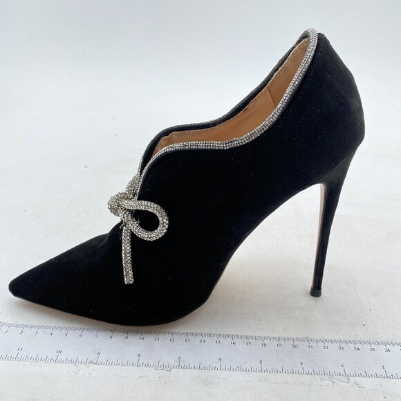 YDN Black Suede Pointed Toe Studded Pumps V Cut Stiletto Heels Rhinestone Shoes - Picture 2 of 7